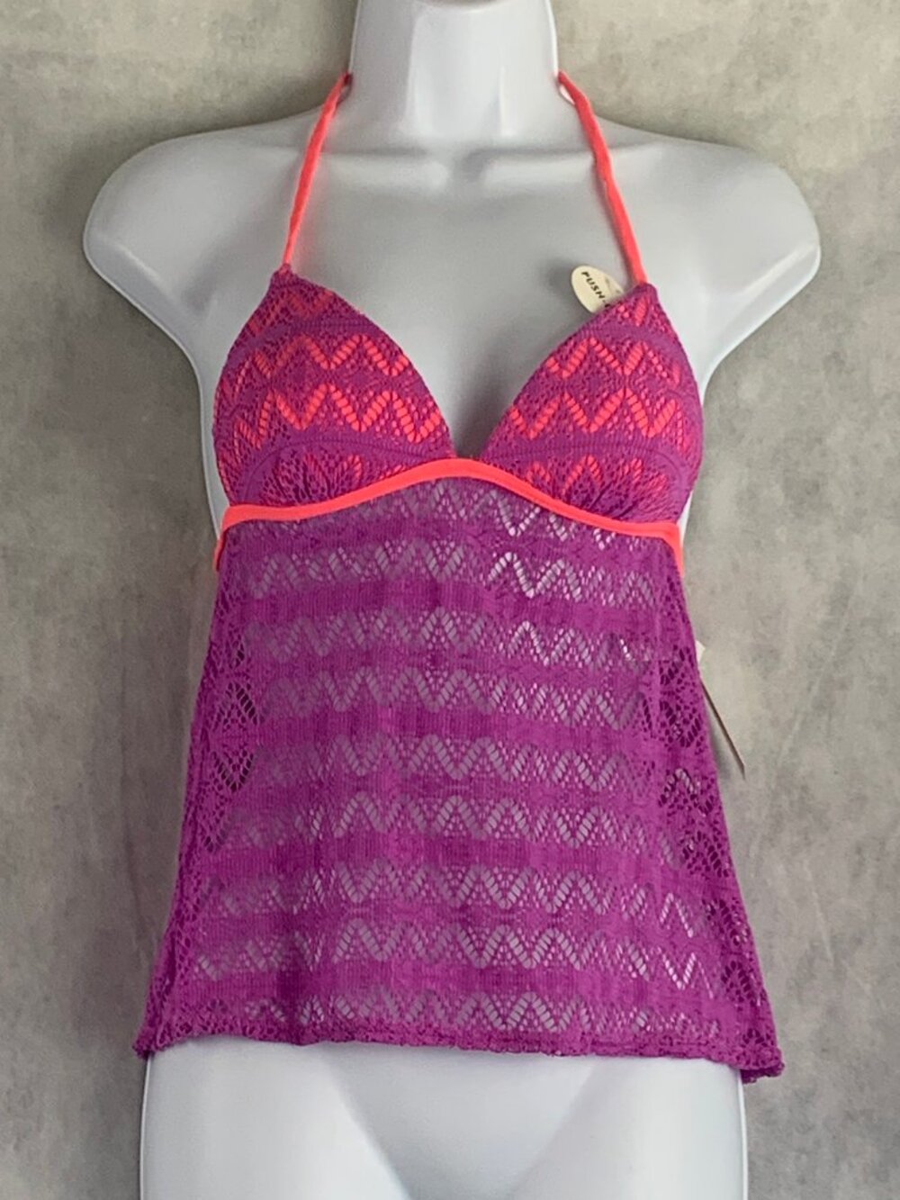 Hula Honey Juniors Crochet Push-Up Halter Tankini Top, Lilac Ginger, XS